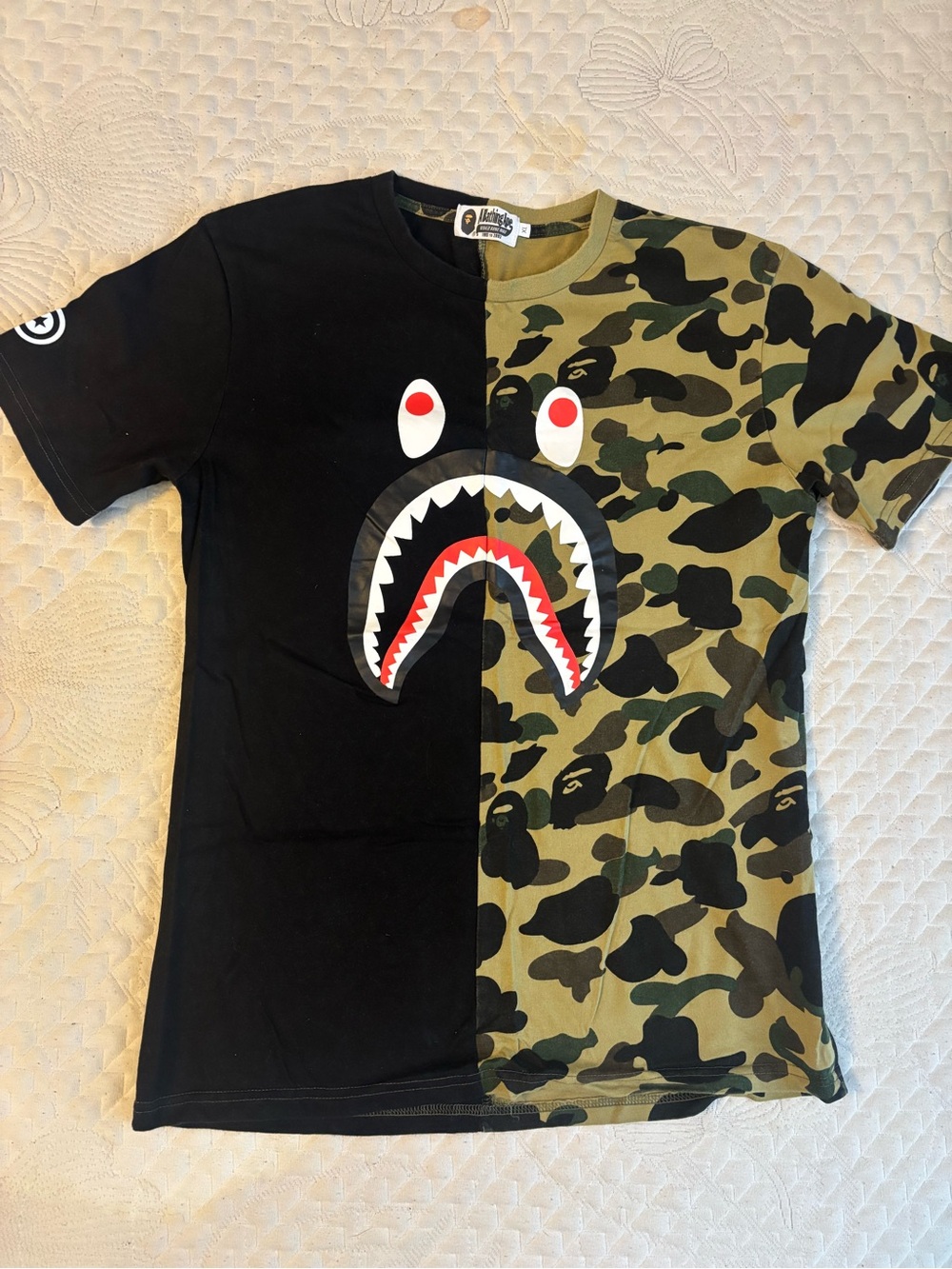 Bape Kids Half Black and Green Camo Shark Tee